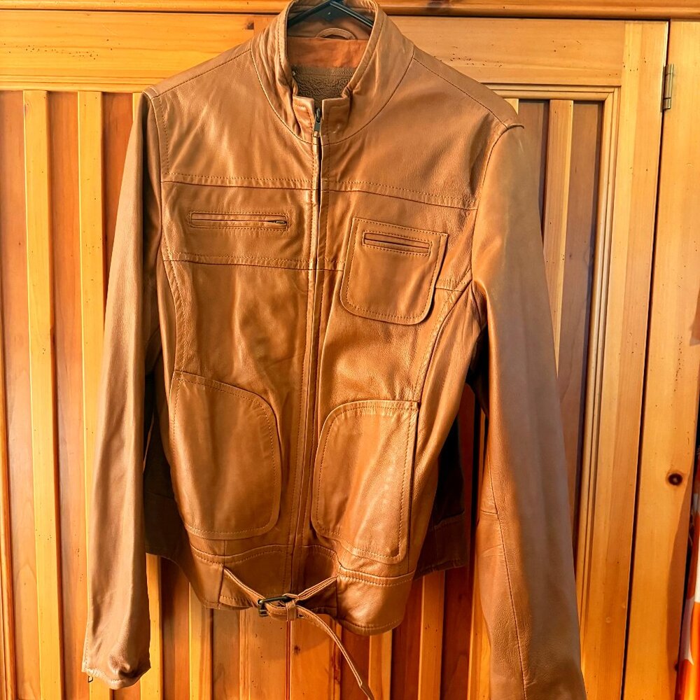 Women's Cognac Brown Leather Jacket - Large